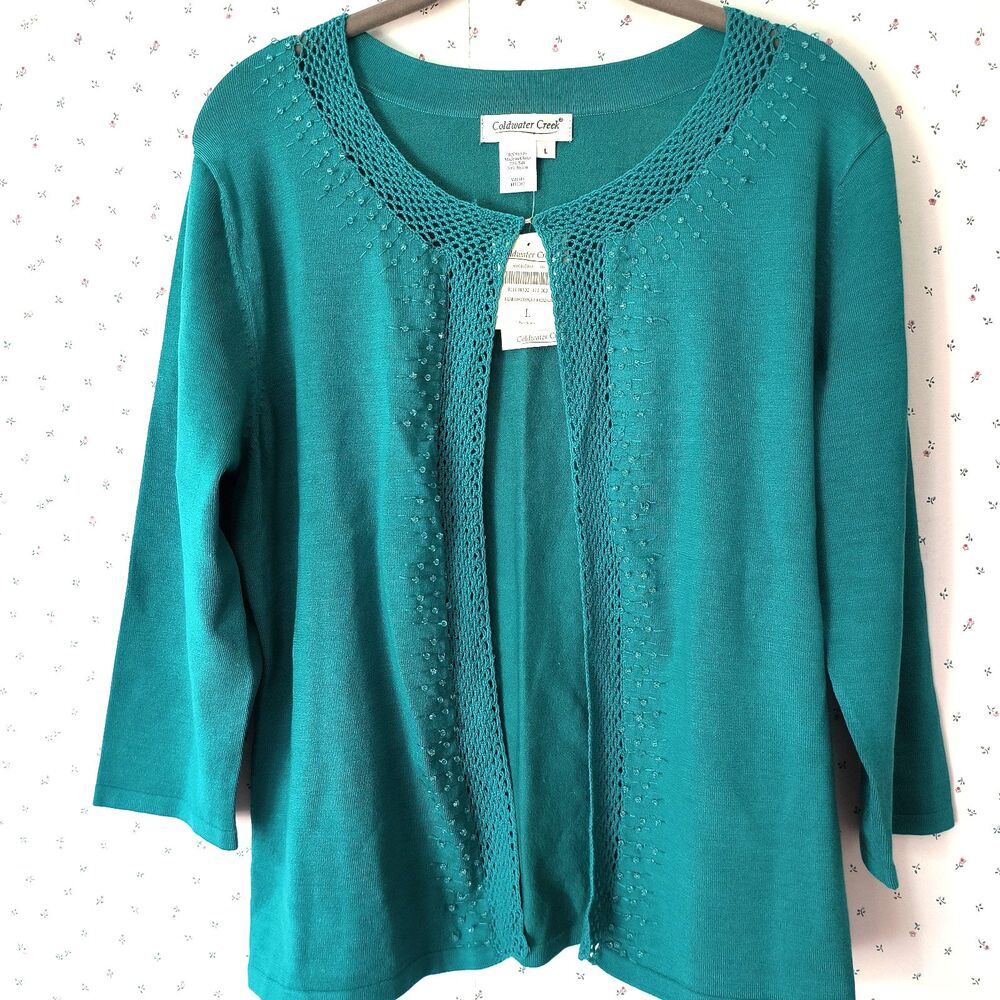 Coldwater Creek Cardigan Sweater L Green Crochet Beaded Silk Blend Office Travel